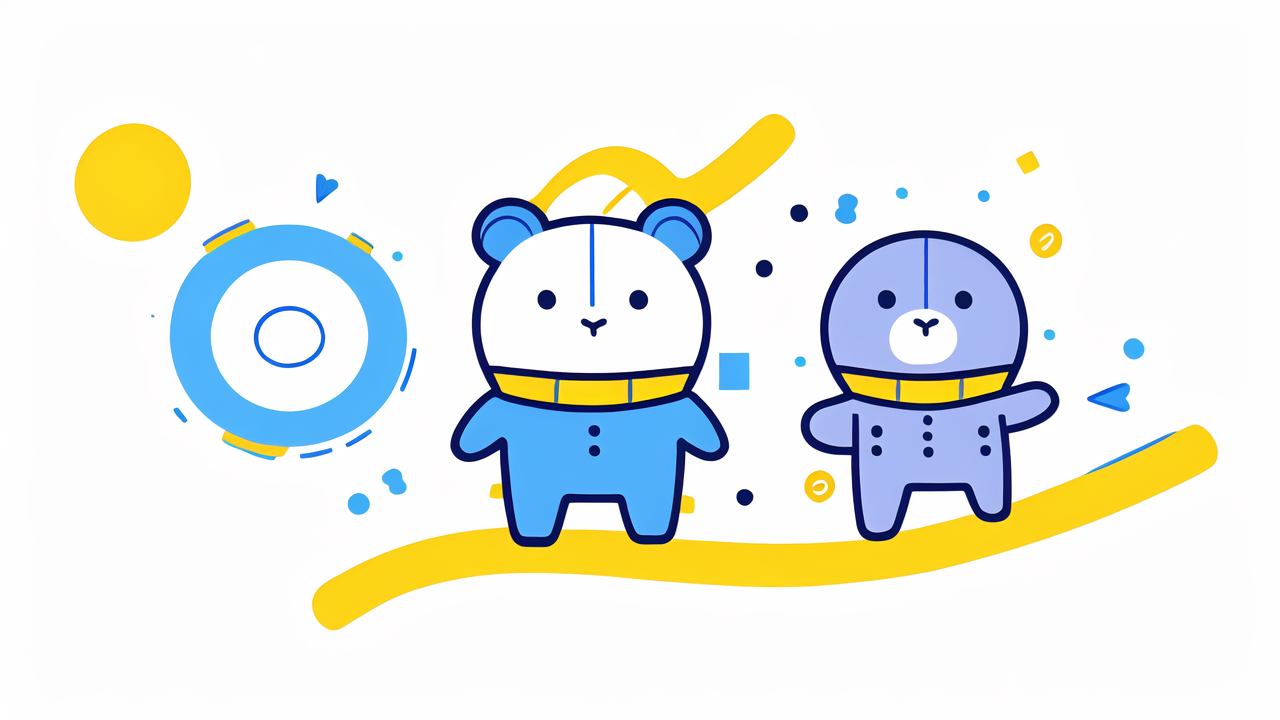 Bebe Care cartoon bear and seal, bright baby gear against geometric blue shapes.