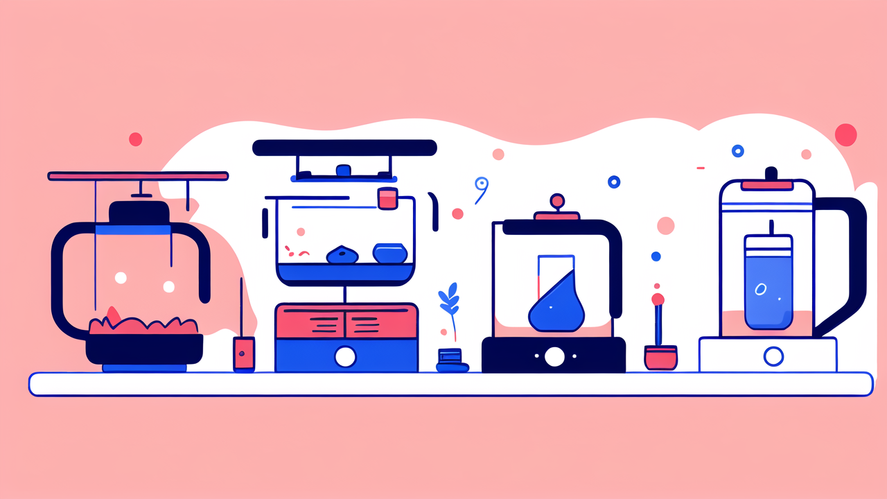 Vibrant kitchen scene with bongs alongside a bong bag, utensils, and colorful appliances.
