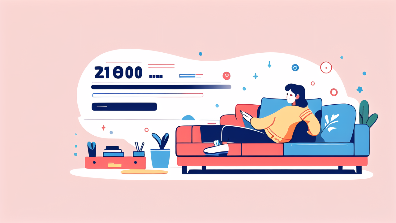 woman on red sofa, plant stand living room, using phone in cozy, tech-themed space