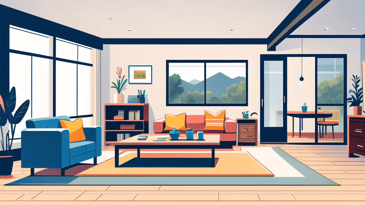 Modern living room with Low Back Stools near entertainmentcenters, blue sofa, wooden floor.
