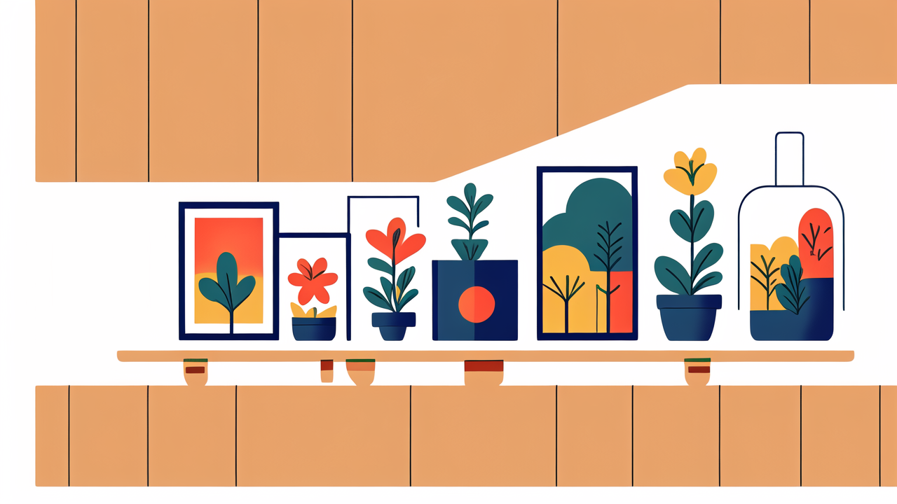 Modern Wood Wall Decor with potted plants and colorful framed pictures on a shelf.