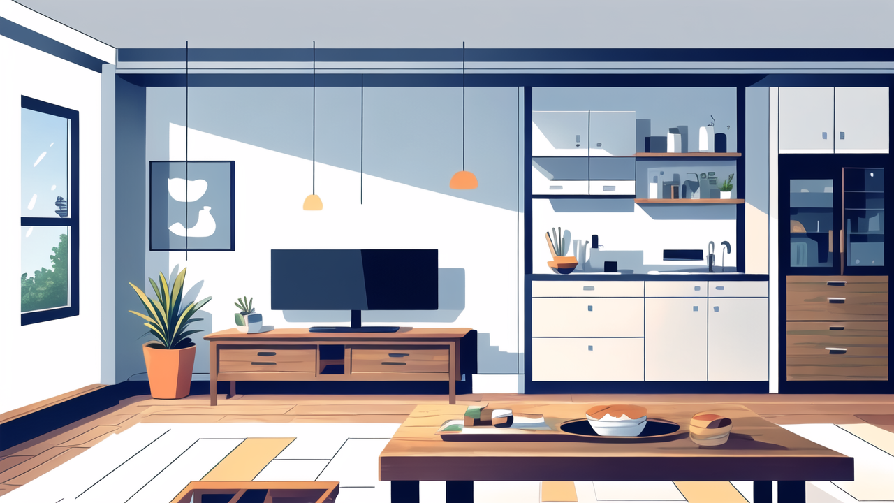 Modern living room with accent walls, custom interiors, and wooden furniture.