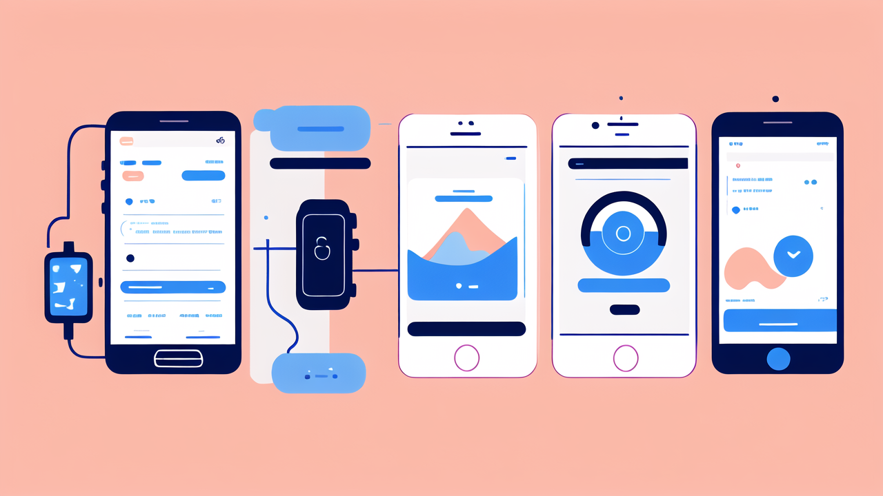 wearables clothing, Wearable Technology UI dashboard with blue and red sections, icons, and data charts.