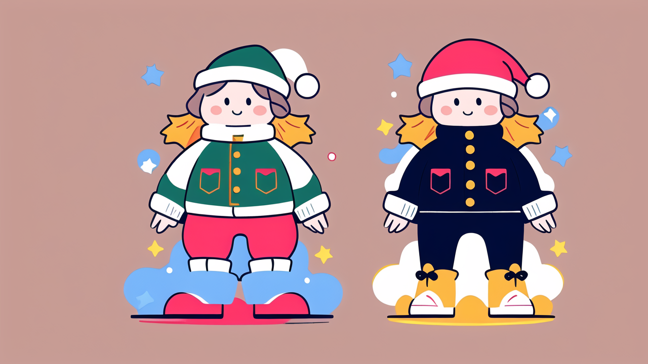 festive cartoon scene with playful baby Christmas outfits on characters standing on clouds