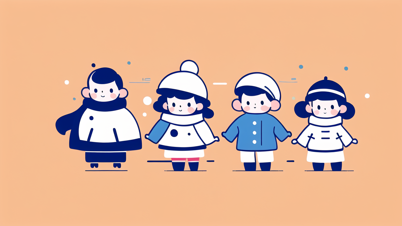 comforts for baby, Animated characters with warm expressions, featuring baby accessories and winter attire.