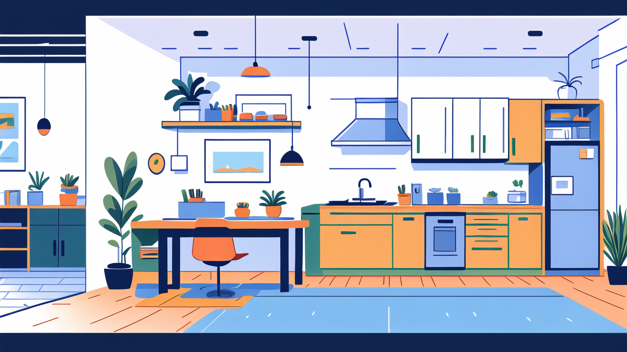 home decor south africa, Rustic TV Stand in vibrant modern kitchen interior with blue, orange, South Africa decor