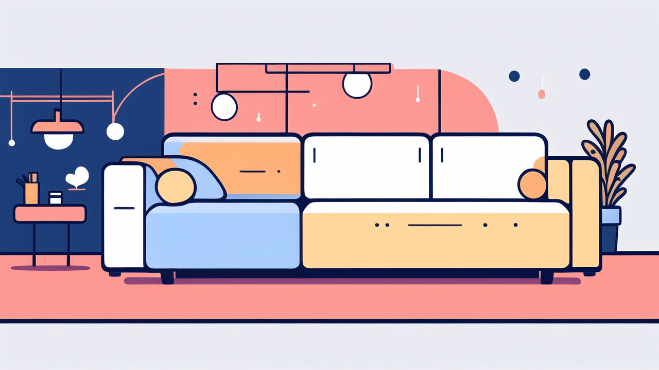 Pink square sectional sofa with blue cushions, wooden table, cabinet, window blinds.