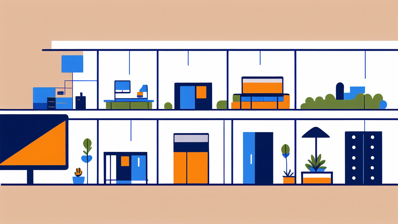 Modern office building with steel mobile shelf, lacks South African houses