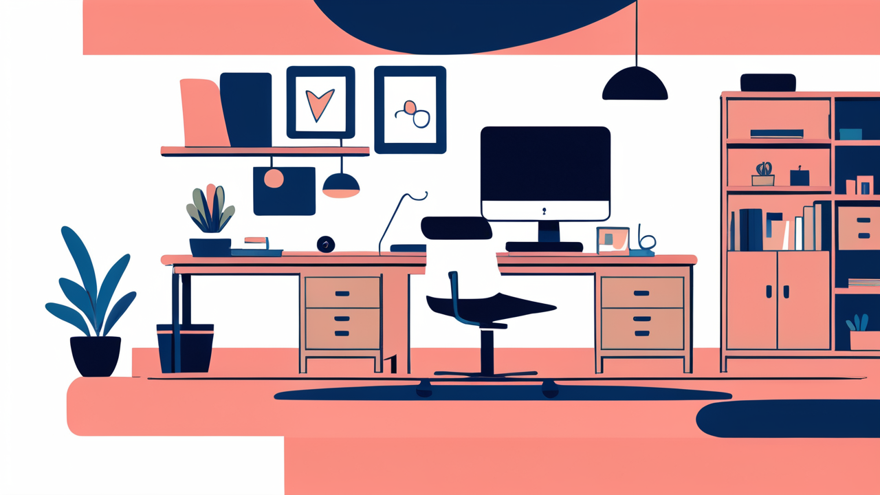 Trends Furniture modern office with bar chair, pink and blue accents, desks, decor.