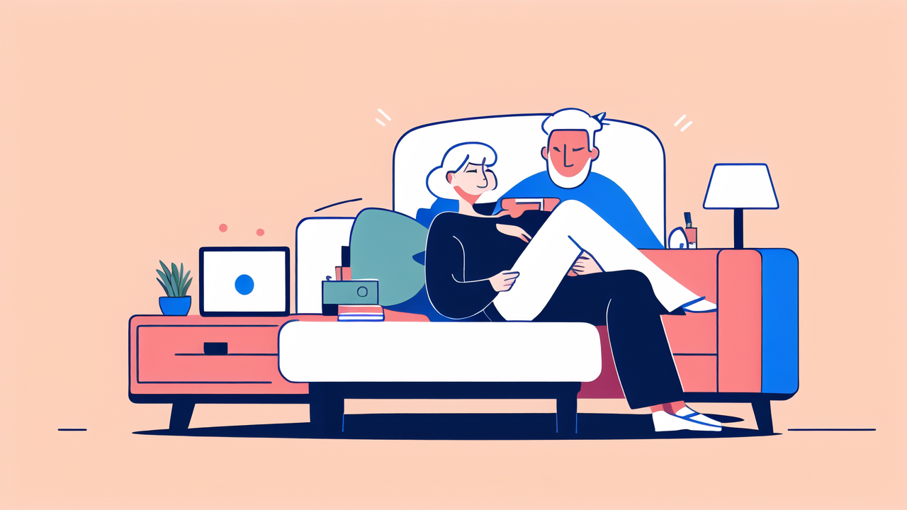 Senior furniture Cloud Couch with a person relaxing on blue sofa, books, and plant.