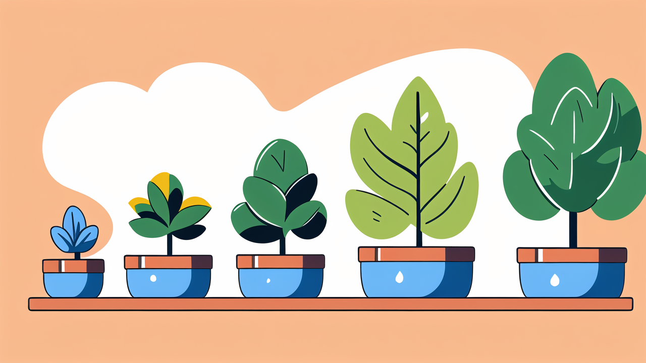 purple cannabis, Purple Bang cannabis strain in blue pots on peach background with lush greenery.
