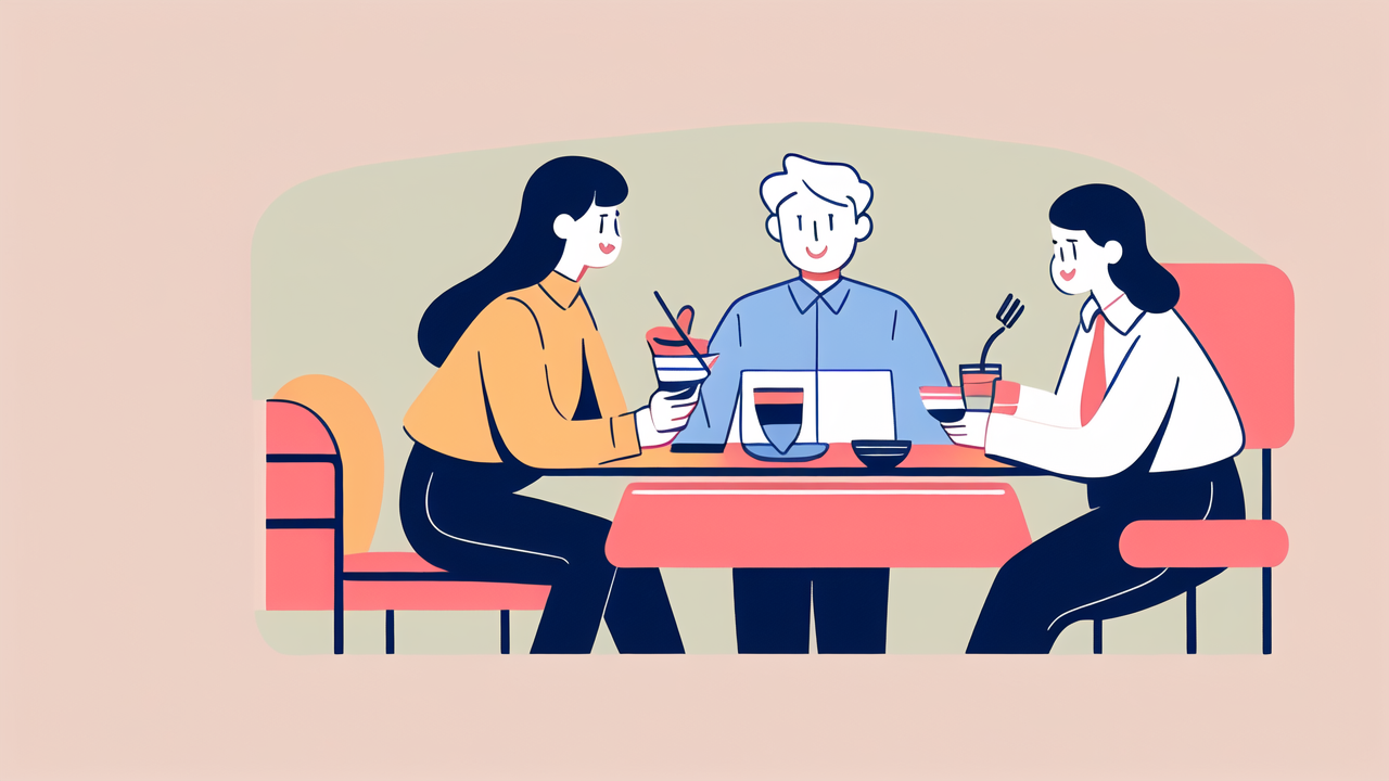 disposable adult bibs, Casual dining scene with three people, red tablecloth, adult disposable bibs.