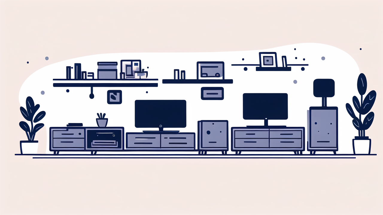 Minimalist living room with adjustable TV stand, sleek unit, potted plants, decor.