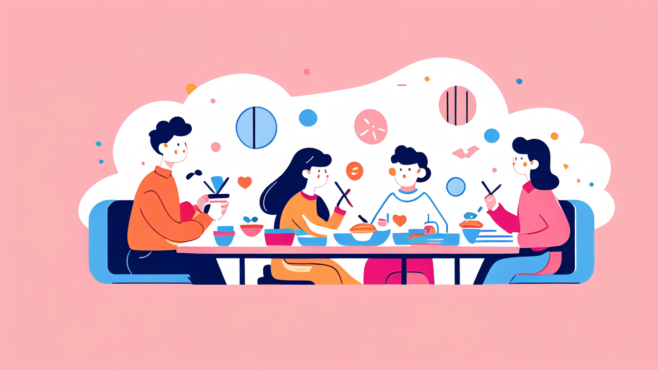 Family enjoying comfortable food in highchairs with noodles and soup on table