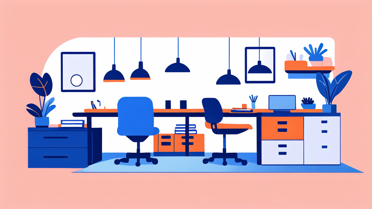 decor in home, Vibrant office decor with bar stools, pink backdrop, blue and yellow furniture.