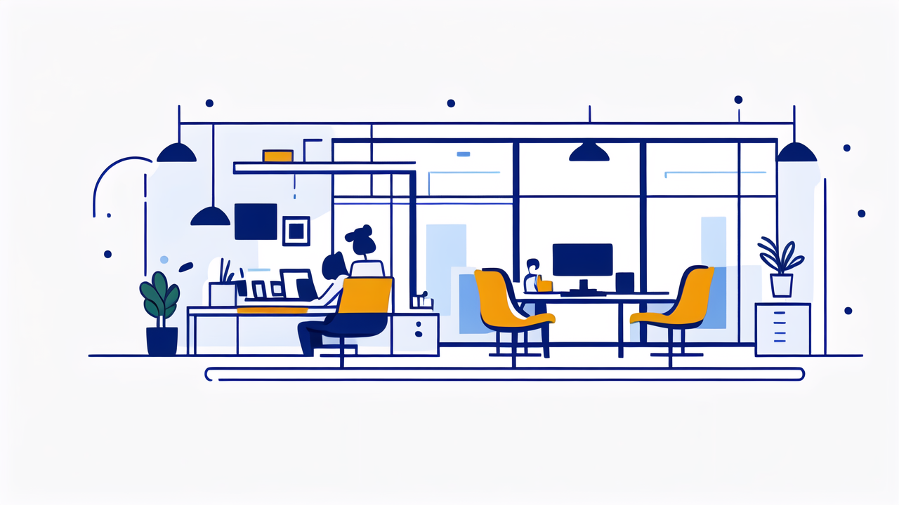 Vibrant digital workspace with rectangular tables, work at home setup.
