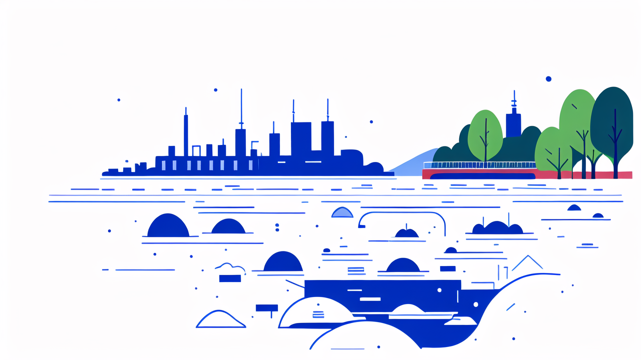 Modern building floating on water, accented by blue; no Glass Balls, Glass Bongs.
