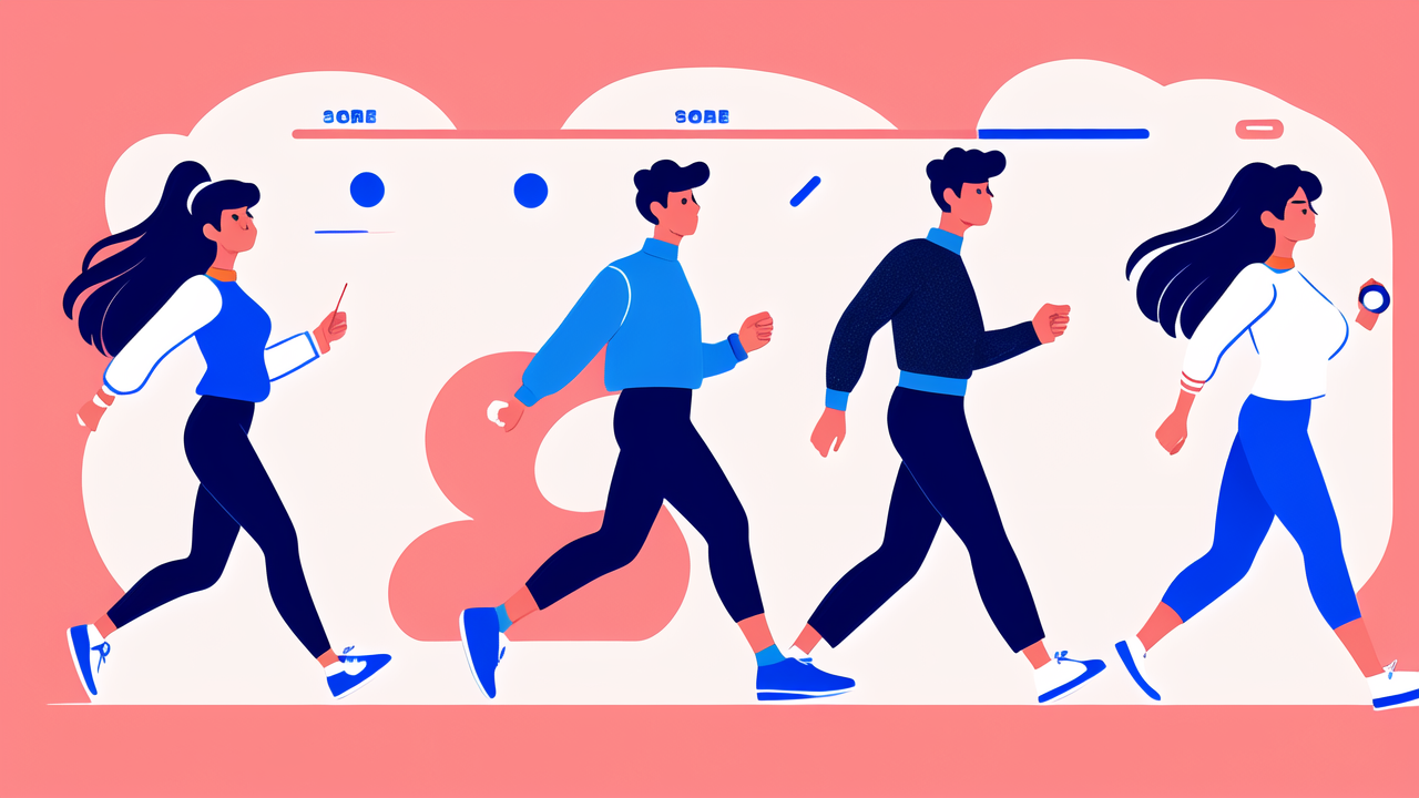 monitoring image, Group running with fitness tracker, showcasing pace and style on a pink gradient.