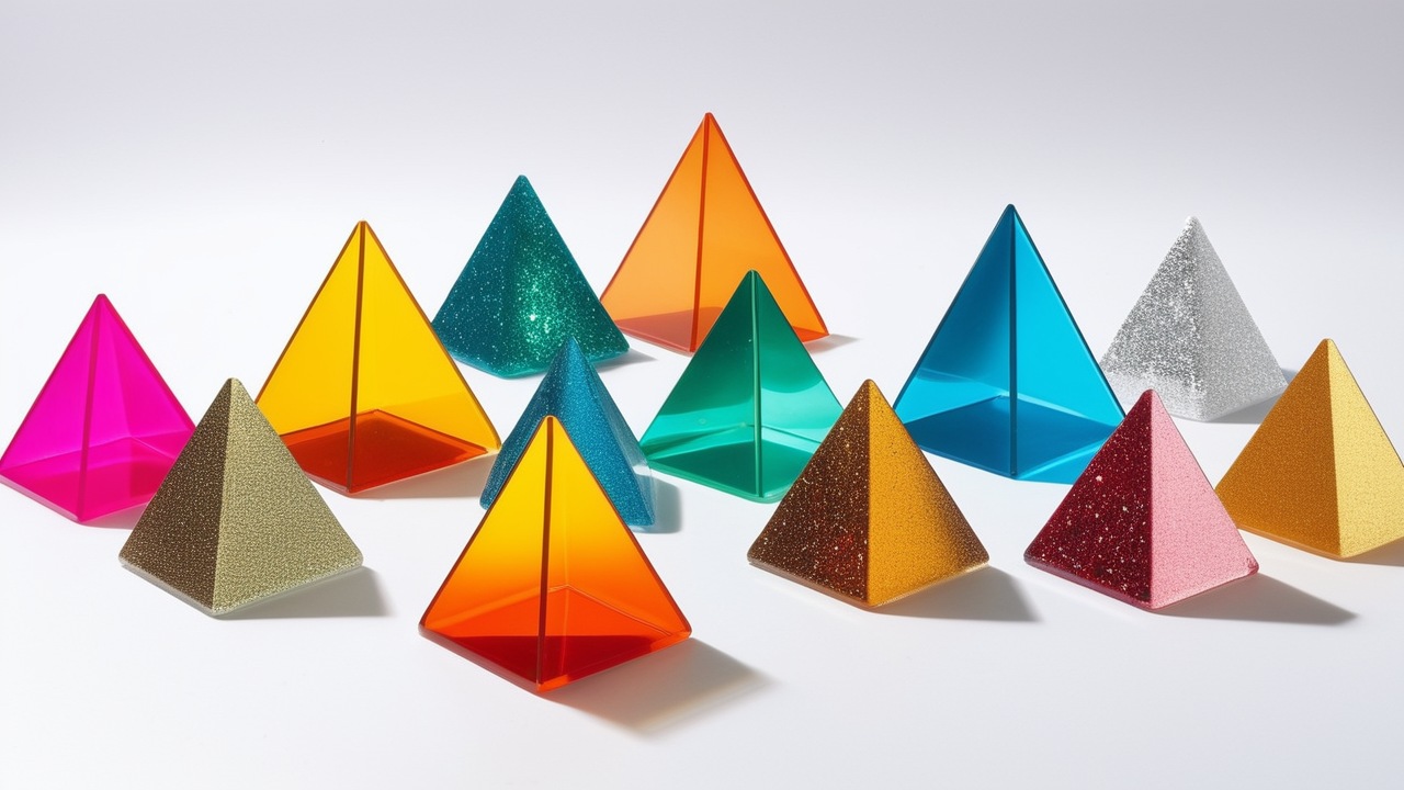 Pyramid Resin Mold display with colorful resin silicone molds on gray background