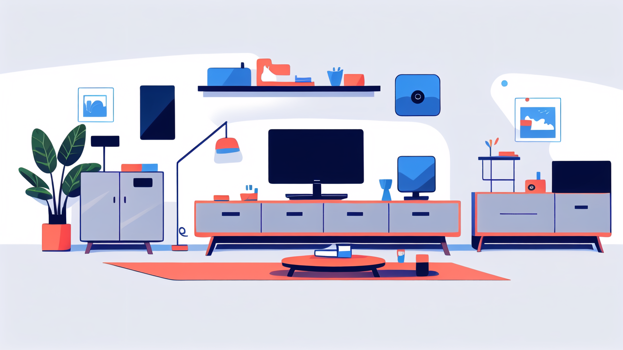 Modern home entertainment setup with Smart TV Stand and speakers, pink wall backdrop