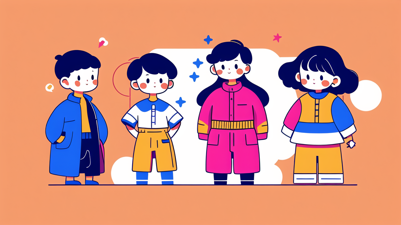 quality childrens clothing, Children walking in colorful winter clothing under a pink and yellow sky; quality children
