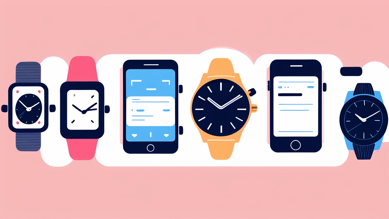 Collection of carbon fiber watches, carbon watches, and smartphones on pink background