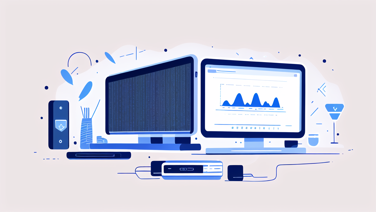 Sleek workspace with dual monitors, blue carbon fiber background, line graph displayed.