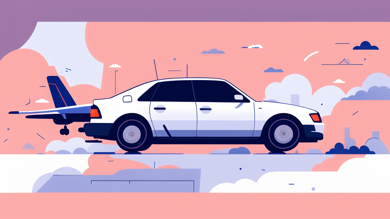 White car with airplane wing, carbon fiber beam, in pink-blue surreal landscape.