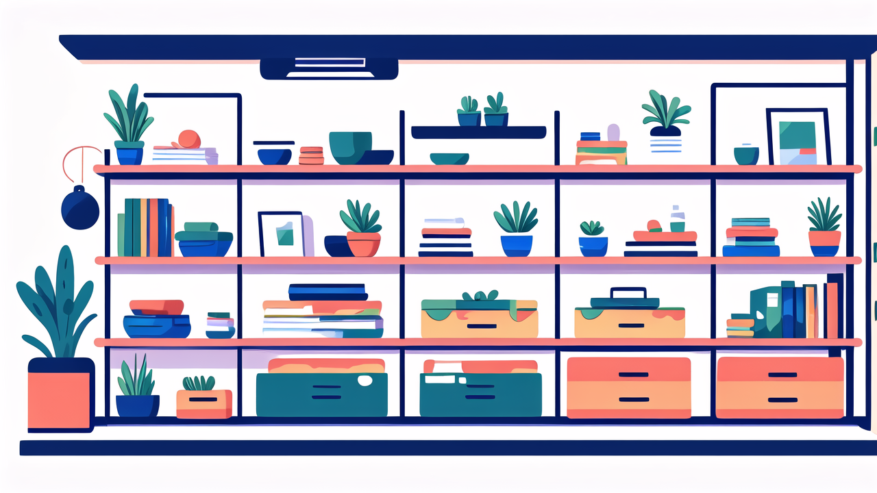 smart space storage filled with books and plants, vibrant bedroom storage shelves