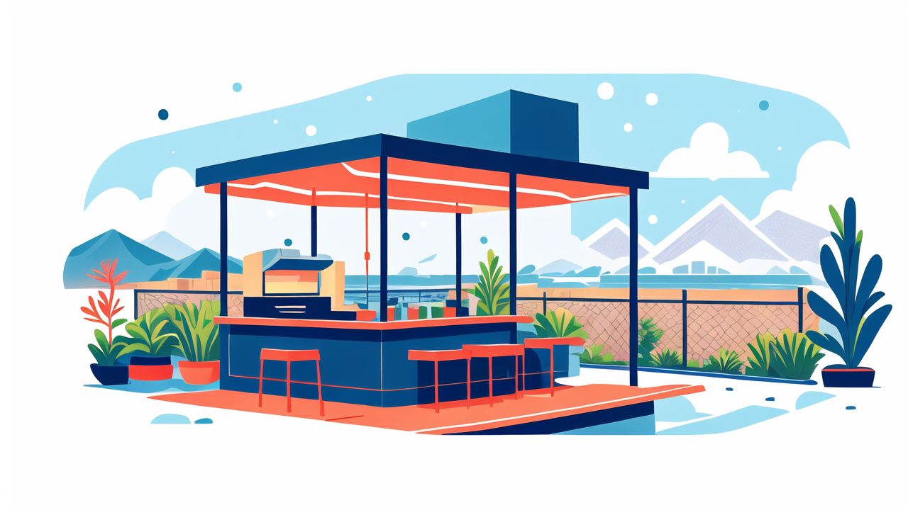 courtyard/farm, WPC decking in modern outdoor kitchen with orange roof and mountain backdrop