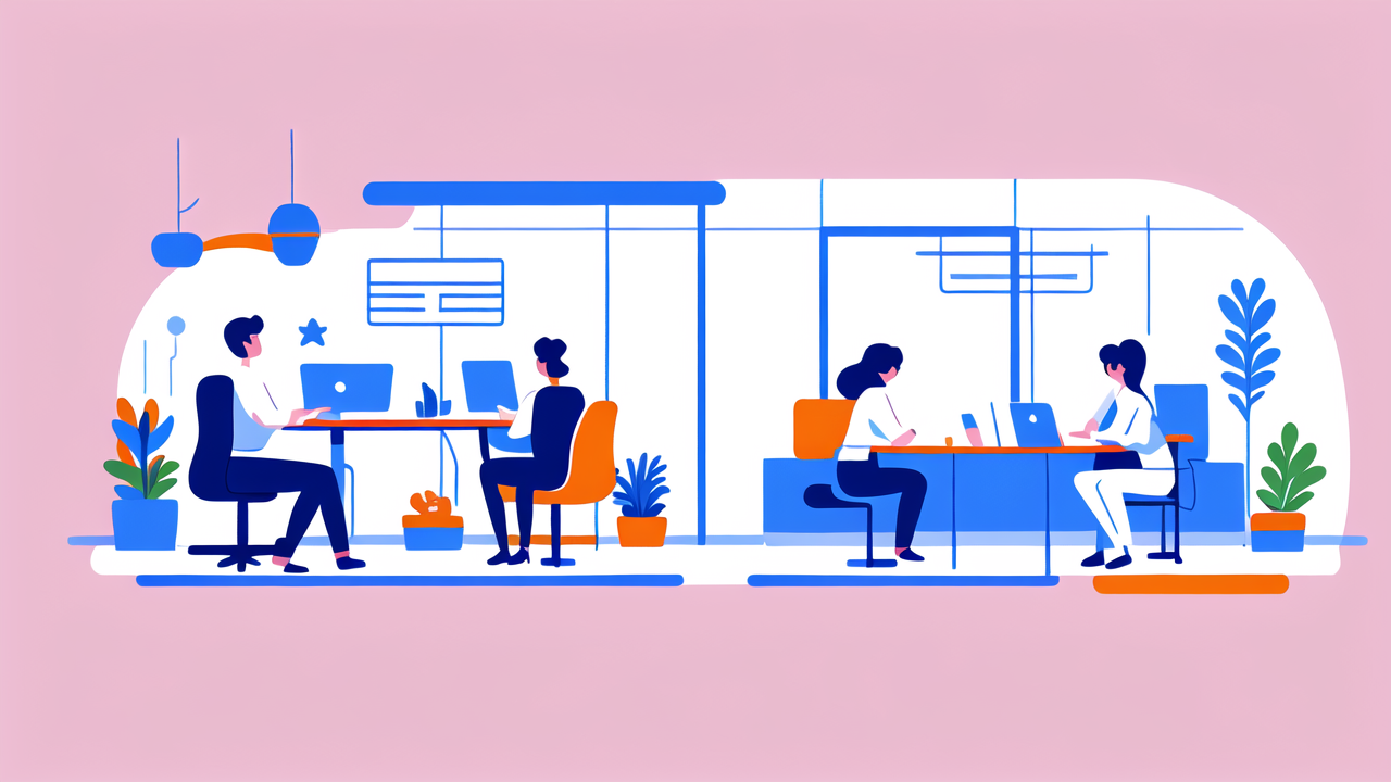 Modern office with bureau furniture, bar cart, digital tools, and vibrant accents