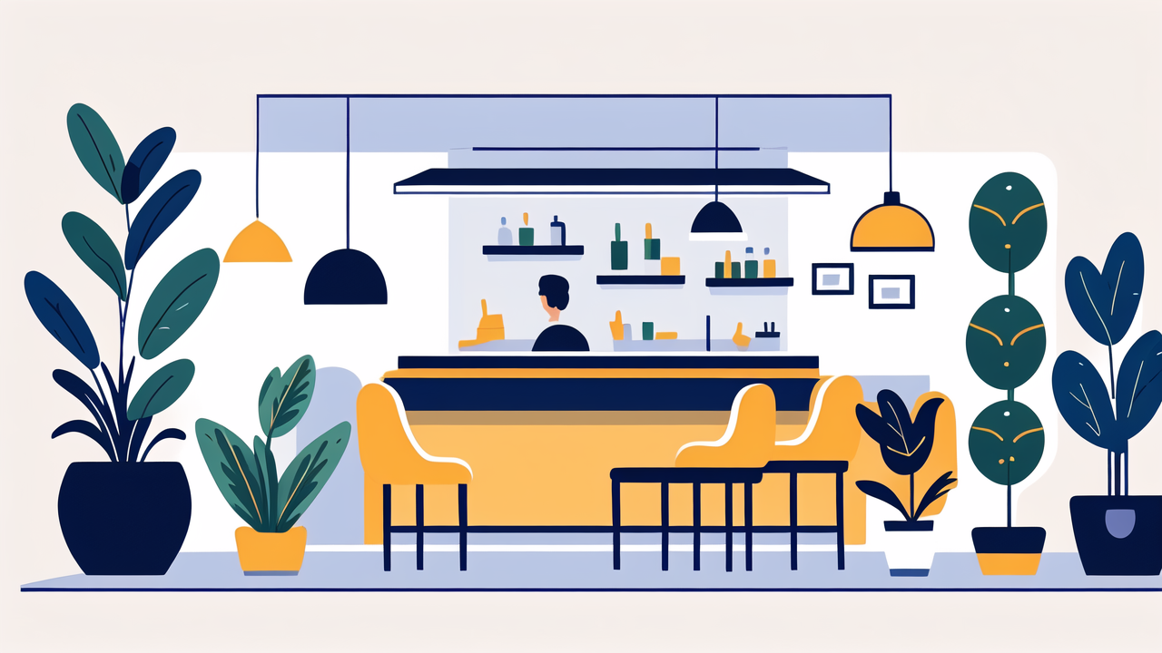Modern bar decor with velvet stools, yellow bar, and lush potted plants.