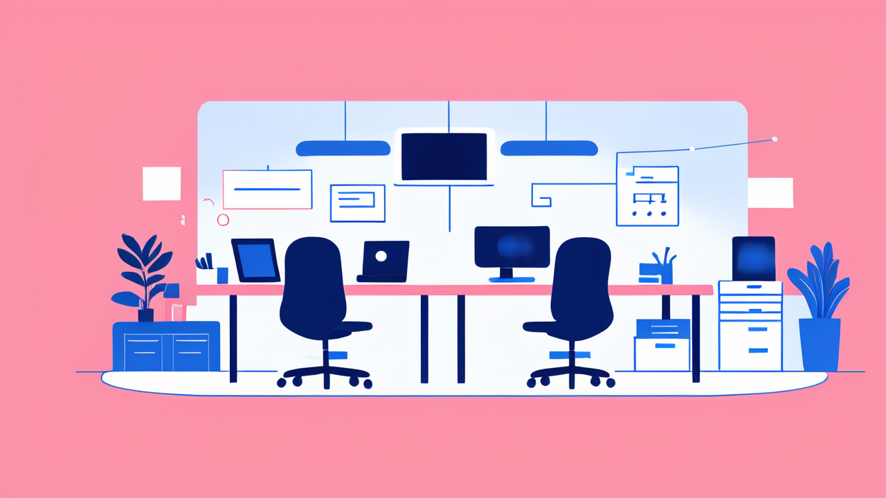 Modern office with Ivory Entertainment Center, blue hues, tech setup for dual workstations