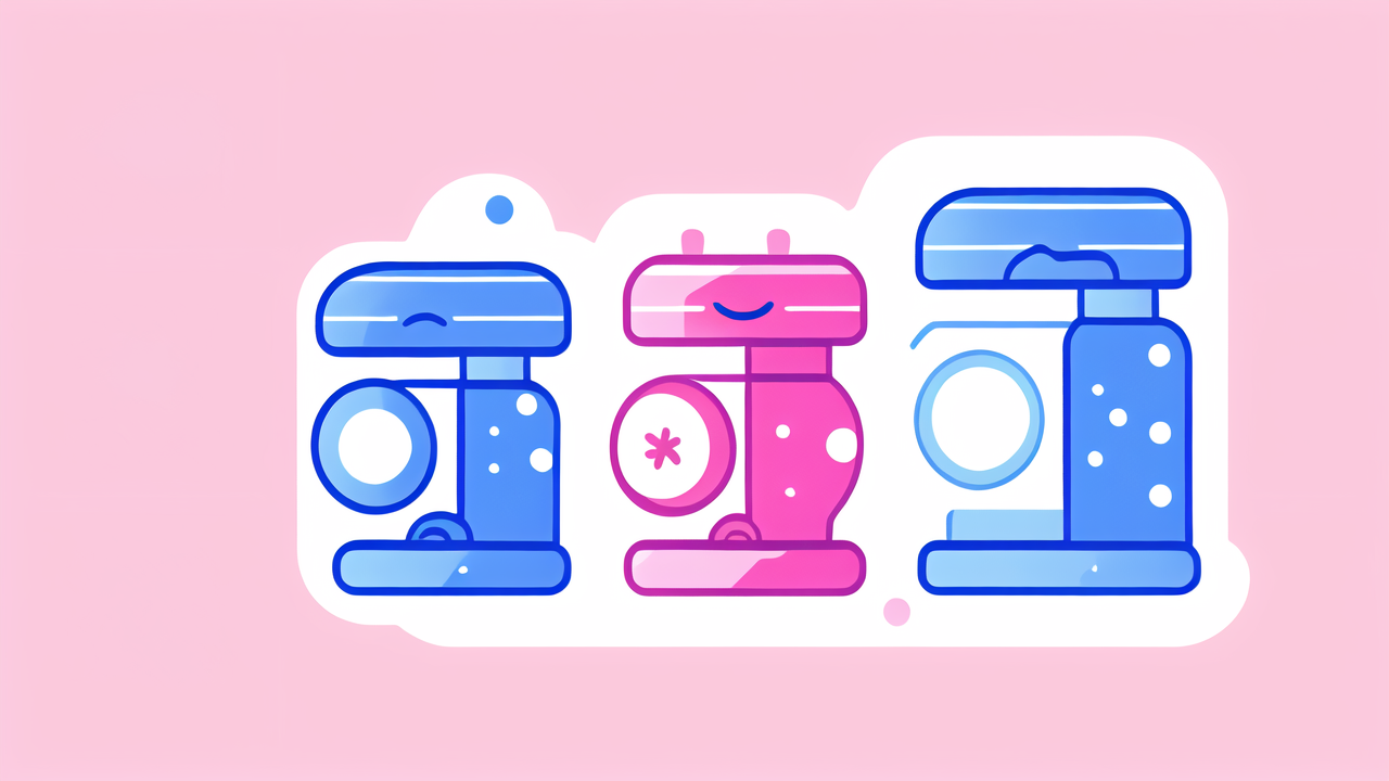 safe toy guns, Colorful whimsical kitchen appliances trio on a soft pink background; baby sleep toy.
