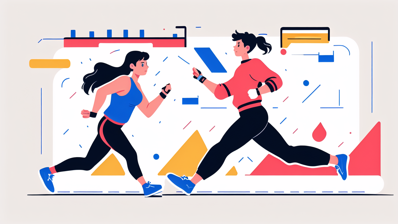 Stylized runners in motion, highlighting smartwatches and pedometer device.