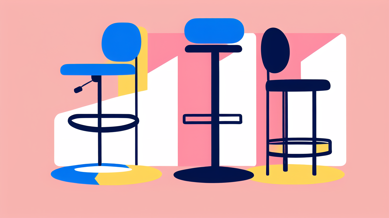 decor in home, Vibrant bar stools trio on pink backdrop, showcasing diverse designs and colors.