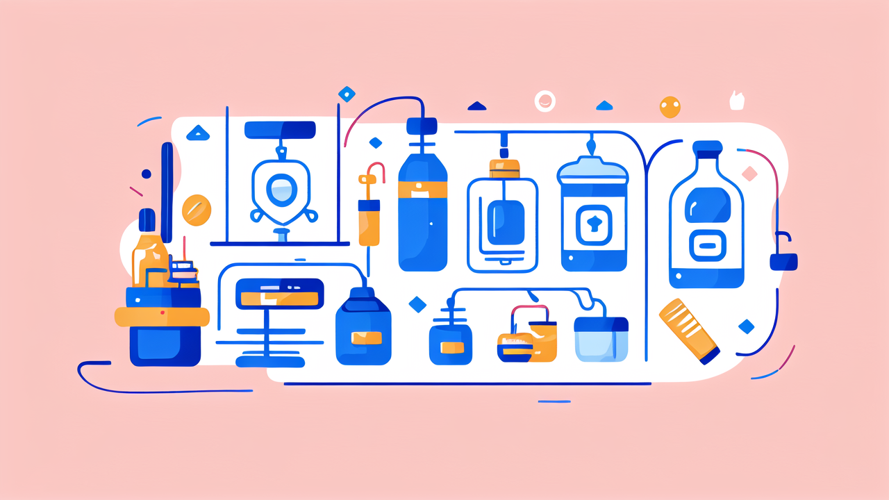 proper bong cleaning, Vibrant lab setup with blue and orange bottles, tubes for water pipe cleaning