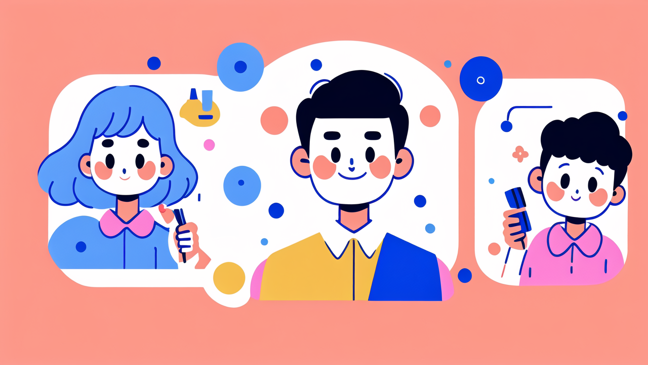 Stylized characters with soft toothbrushes, pencil, book, and phone on pink background