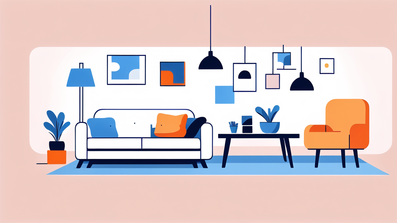 Modern living room with blue armchair, seat recliners, and space saving dresser