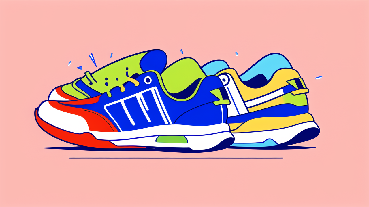 smart footwear, Smart Athletic Footwear in vibrant colors on pink background, conveying dynamic motion.