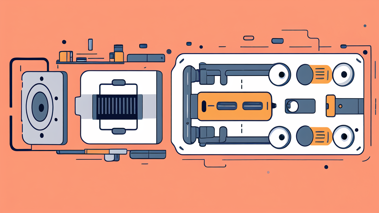 Cartoonish mechanical arm with gear and engine on pink, featuring 6204 bearing.