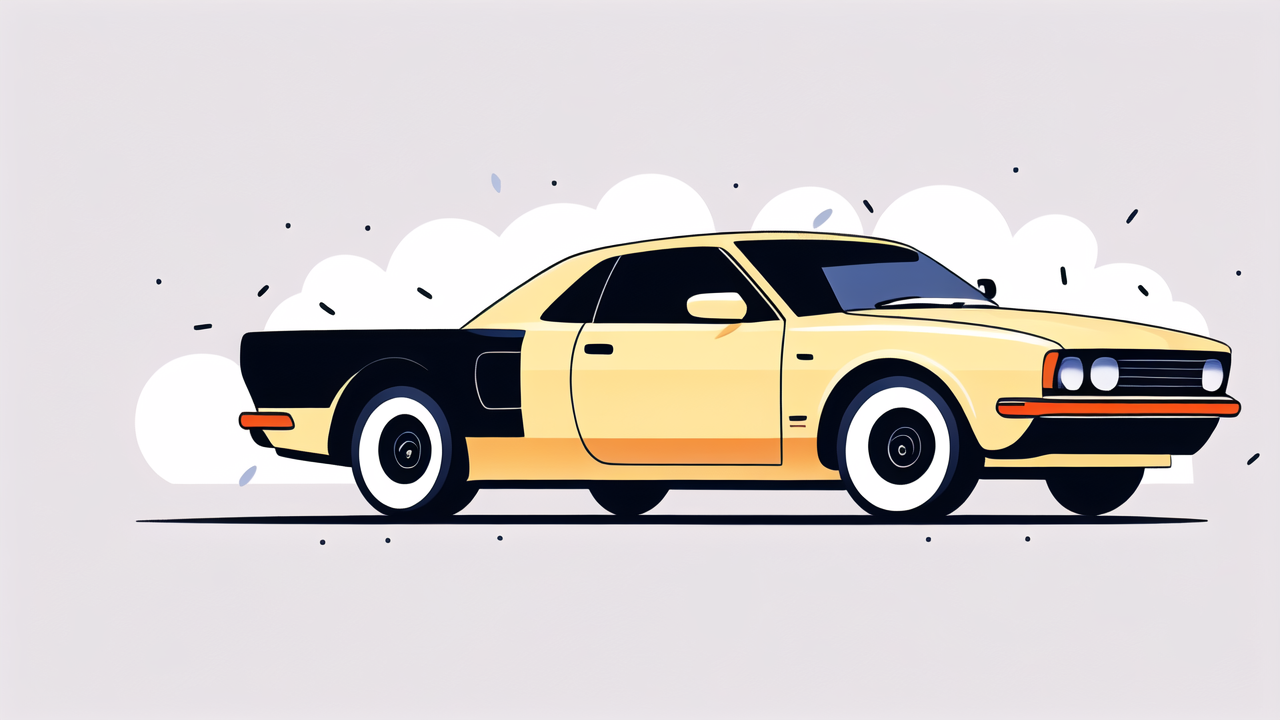 White sports car with black roof and rims on yellow oval background, carbon fibre wrap