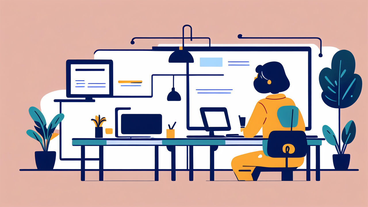 Woman at ergonomics table with Rolling Cart, dual monitors, vibrant office scene