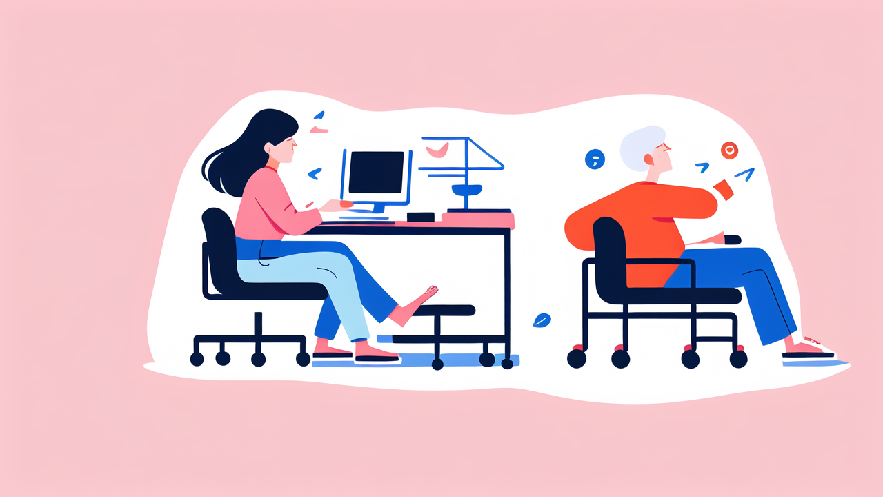 power lifting chair, Modern office with individuals working on laptop and smartphone; vibrant backdrop.