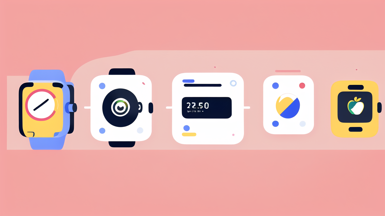 Smartwatch icons for timekeeping, camera, battery, health monitor watch, nutrition tracking