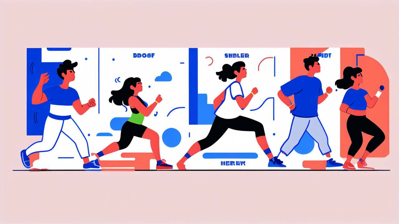 personal fitness, Smartwatch fitness scene with four diverse individuals in vibrant exercise styles.