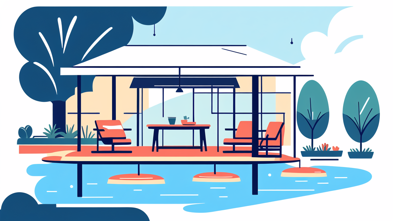 teak wood swing on a floating deck enhances stylish outdoor seating ambiance