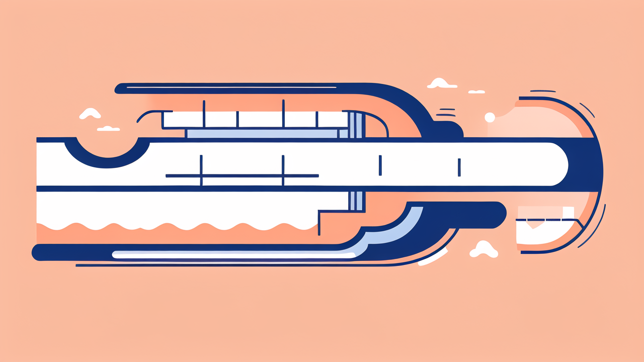 Stylized blue submarine with a white periscope on a peach background; no fiberglass bow.