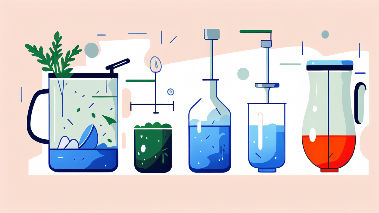 how to select a bong, Vibrant laboratory scene with bongs and colorful flasks on a peach background.