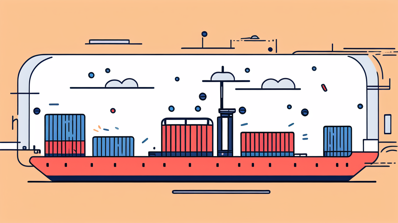 Carbon Watches-themed cargo ship illustration with crane and blue containers on red deck.